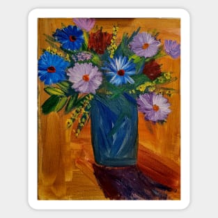 Mixed flowers in blue and silver vase on a colorful tiles background Sticker